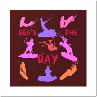 Kitesurfer Silhouette Pattern With Seas The Day Quote Posters and Art